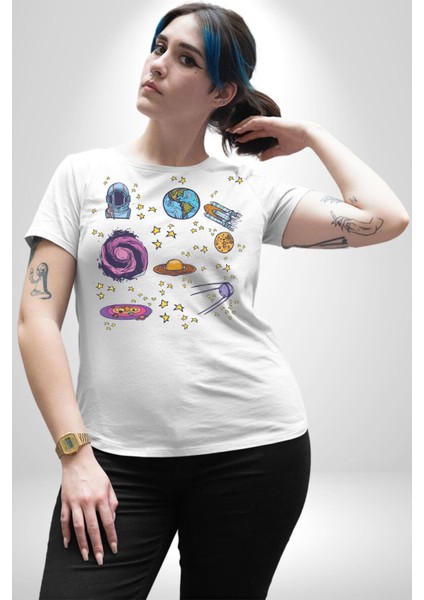 Uzay Figürleri Mars Ay Dünya Kadın Erkek Unisex Beyaz Organik Baskılı T-Shirt Penye Yüksek Kalite fiyatları