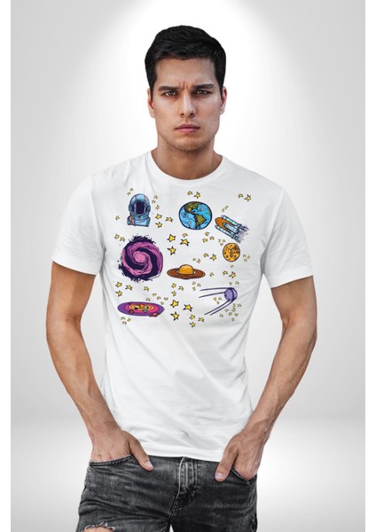Uzay Figürleri Mars Ay Dünya Kadın Erkek Unisex Beyaz Organik Baskılı T-Shirt Penye Yüksek Kalite indirimleri