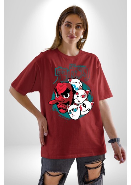 Japon Anime Tengu Maske Pamuklu Bisiklet Yaka Kadın Erkek Oversize Boyfriend Dijital Baskılı Kırmızı T-Shirt modelleri