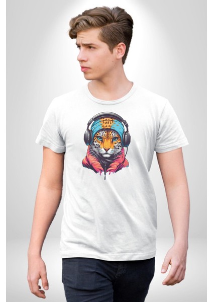 Kulaklık Kedi Leopar Bandana Kadın Erkek Unisex Beyaz Organik Baskılı T-Shirt Penye Yüksek Kalite