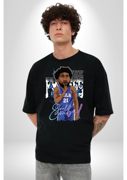 Joel Embiid Basketbol Philadelphia Pamuklu Bisiklet Yaka Kadın Erkek Oversize Boyfriend Dijital Baskılı Siyah T-Shirt