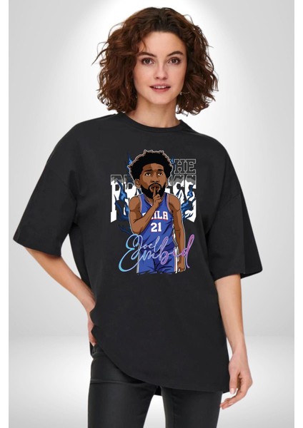 Joel Embiid Basketbol Philadelphia Pamuklu Bisiklet Yaka Kadın Erkek Oversize Boyfriend Dijital Baskılı Siyah T-Shirt