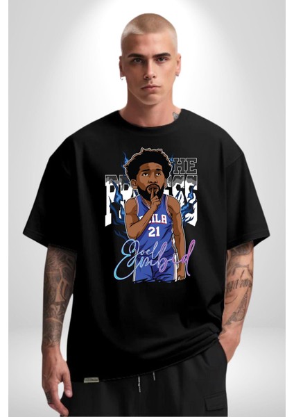 Joel Embiid Basketbol Philadelphia Pamuklu Bisiklet Yaka Kadın Erkek Oversize Boyfriend Dijital Baskılı Siyah T-Shirt