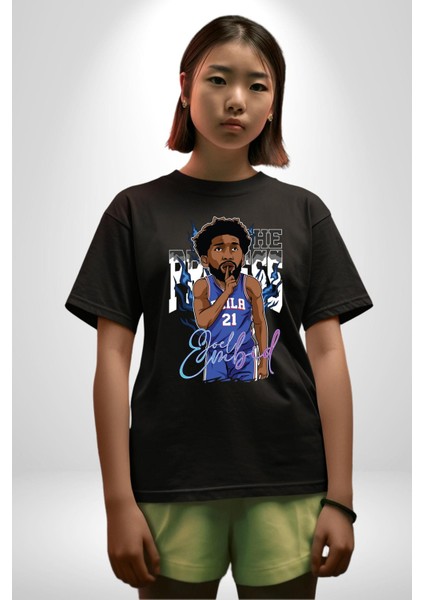 Joel Embiid Basketbol Philadelphia Pamuklu Bisiklet Yaka Kadın Erkek Oversize Boyfriend Dijital Baskılı Siyah T-Shirt