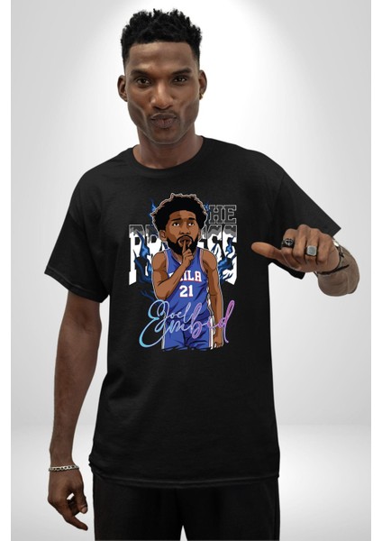 Joel Embiid Basketbol Philadelphia Pamuklu Bisiklet Yaka Kadın Erkek Oversize Boyfriend Dijital Baskılı Siyah T-Shirt