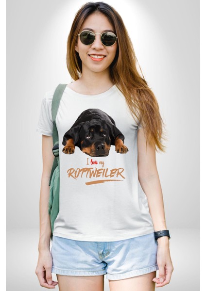 Rottweiler Sevgisi Kadın Erkek Unisex Beyaz Organik Baskılı T-Shirt Penye Yüksek Kalite
