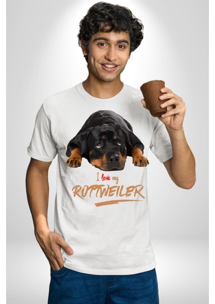 Rottweiler Sevgisi Kadın Erkek Unisex Beyaz Organik Baskılı T-Shirt Penye Yüksek Kalite fiyatları