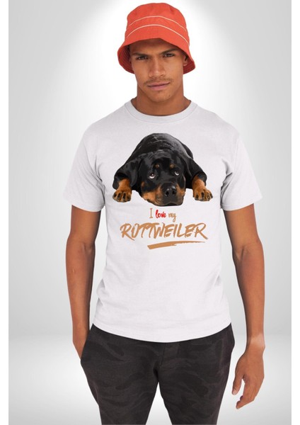 Rottweiler Sevgisi Kadın Erkek Unisex Beyaz Organik Baskılı T-Shirt Penye Yüksek Kalite modelleri