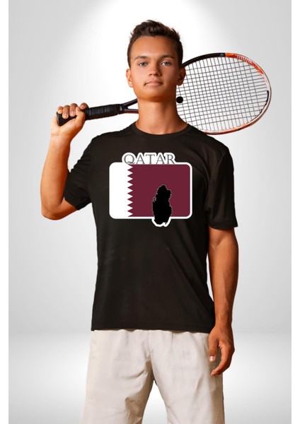 Katar Bayrağı Kadın Erkek Unisex Siyah Organik Baskılı T-Shirt Penye Yüksek Kalite
