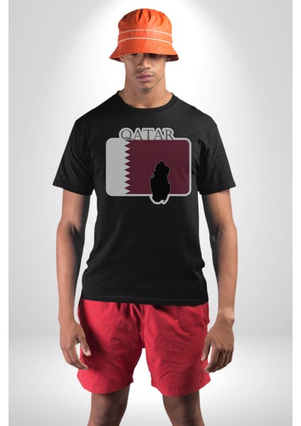 Katar Bayrağı Kadın Erkek Unisex Siyah Organik Baskılı T-Shirt Penye Yüksek Kalite modelleri