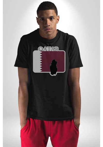 Katar Bayrağı Kadın Erkek Unisex Siyah Organik Baskılı T-Shirt Penye Yüksek Kalite fırsatları