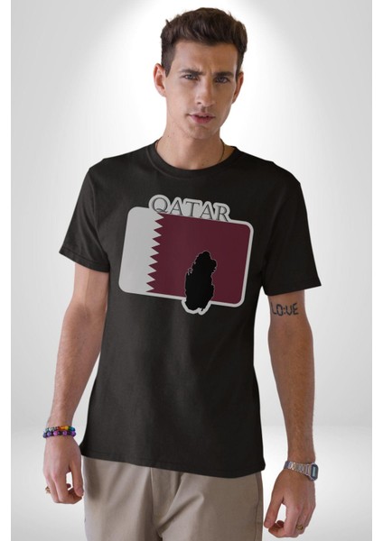 Katar Bayrağı Kadın Erkek Unisex Siyah Organik Baskılı T-Shirt Penye Yüksek Kalite indirimleri