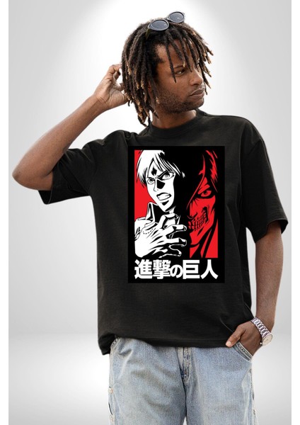 Anime Manga Style Attack On Titan Pamuklu Bisiklet Yaka Kadın Erkek Oversize Boyfriend Dijital Baskılı Siyah T-Shirt