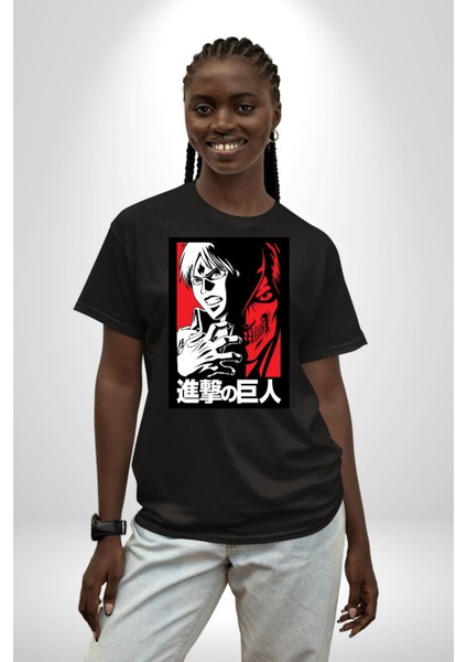 Anime Manga Style Attack On Titan Pamuklu Bisiklet Yaka Kadın Erkek Oversize Boyfriend Dijital Baskılı Siyah T-Shirt