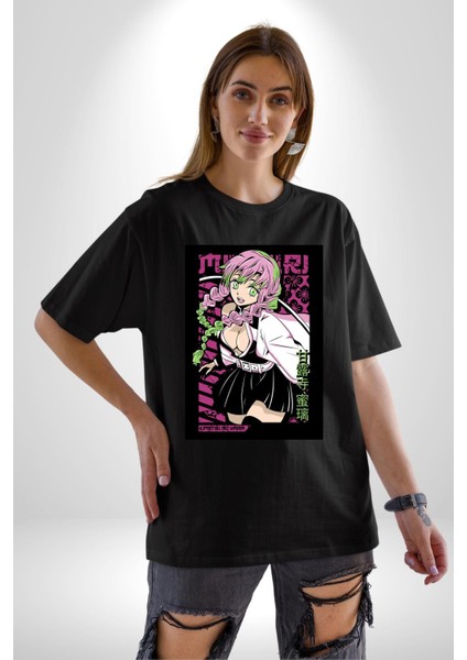 Anime Demon Slayer Kimetsu No Yaiba Mitsuri Kanroji Pamuklu Bisiklet Yaka Kadın Erkek Oversize Boyfriend Dijital Baskılı Siyah T-Shirt