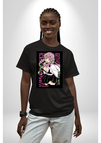 Anime Demon Slayer Kimetsu No Yaiba Mitsuri Kanroji Pamuklu Bisiklet Yaka Kadın Erkek Oversize Boyfriend Dijital Baskılı Siyah T-Shirt