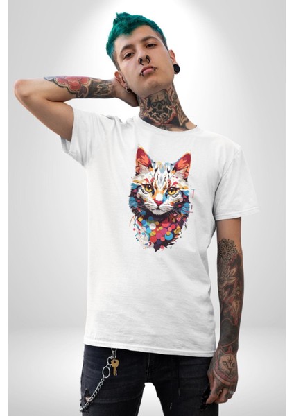 Renki Kedi Sarı Gözlü Tekir Kadın Erkek Unisex Beyaz Organik Baskılı T-Shirt Penye Yüksek Kalite