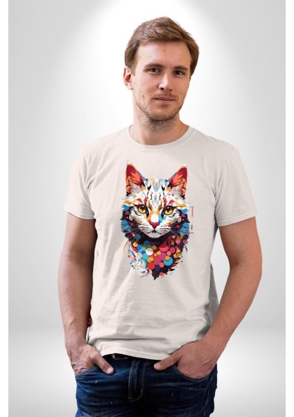 Renki Kedi Sarı Gözlü Tekir Kadın Erkek Unisex Beyaz Organik Baskılı T-Shirt Penye Yüksek Kalite fiyatları