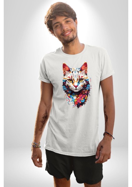 Renki Kedi Sarı Gözlü Tekir Kadın Erkek Unisex Beyaz Organik Baskılı T-Shirt Penye Yüksek Kalite modelleri