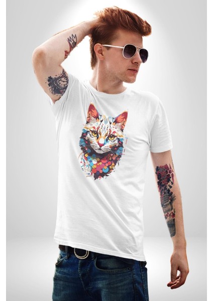 Renki Kedi Sarı Gözlü Tekir Kadın Erkek Unisex Beyaz Organik Baskılı T-Shirt Penye Yüksek Kalite fırsatları