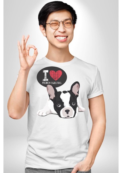 Seni Seviyorum Bulldog Kadın Erkek Unisex Beyaz Organik Baskılı T-Shirt Penye Yüksek Kalite