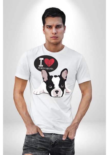 Seni Seviyorum Bulldog Kadın Erkek Unisex Beyaz Organik Baskılı T-Shirt Penye Yüksek Kalite modelleri