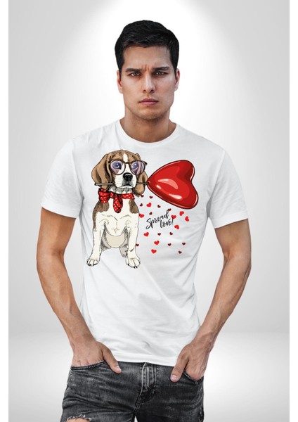 Poodle ve Beagle Sevililer Günü Hediyesi Kadın Erkek Unisex Beyaz Organik Baskılı T-Shirt Penye Yüksek Kalite