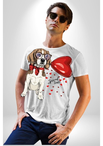 Poodle ve Beagle Sevililer Günü Hediyesi Kadın Erkek Unisex Beyaz Organik Baskılı T-Shirt Penye Yüksek Kalite fırsatları