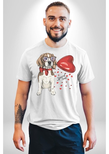 Poodle ve Beagle Sevililer Günü Hediyesi Kadın Erkek Unisex Beyaz Organik Baskılı T-Shirt Penye Yüksek Kalite indirimleri