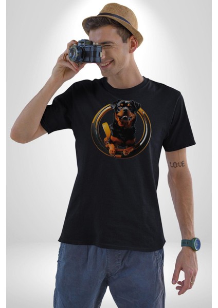 Süper Tasma Rottweiler Eğitim Kadın Erkek Unisex Siyah Organik Baskılı T-Shirt Penye Yüksek Kalite