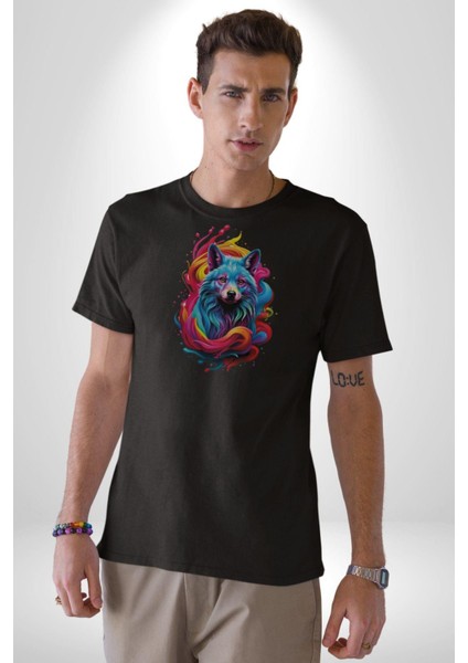 Renkli Kurt Kadın Erkek Unisex Siyah Organik Baskılı T-Shirt Penye Yüksek Kalite