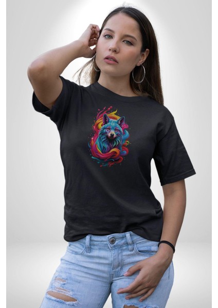 Renkli Kurt Kadın Erkek Unisex Siyah Organik Baskılı T-Shirt Penye Yüksek Kalite