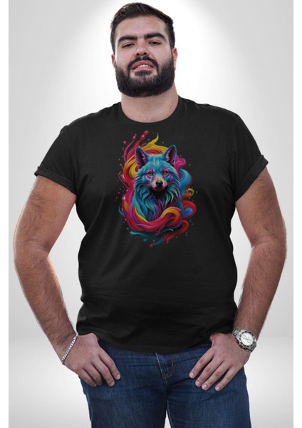 Renkli Kurt Kadın Erkek Unisex Siyah Organik Baskılı T-Shirt Penye Yüksek Kalite
