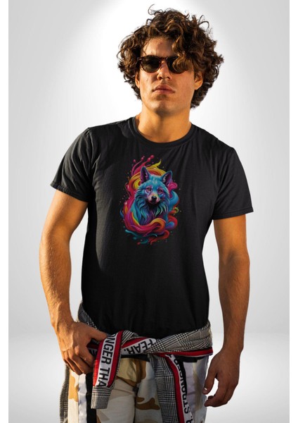 Renkli Kurt Kadın Erkek Unisex Siyah Organik Baskılı T-Shirt Penye Yüksek Kalite