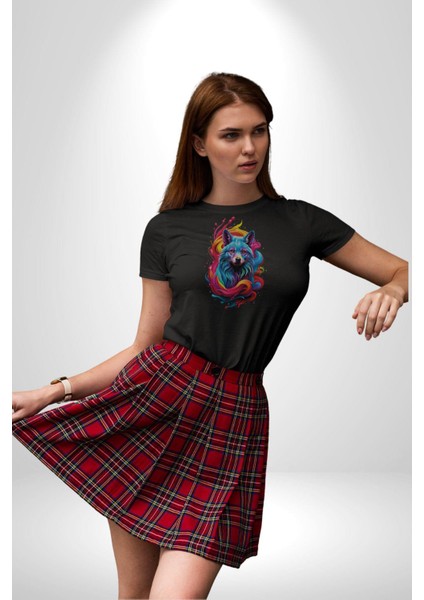 Renkli Kurt Kadın Erkek Unisex Siyah Organik Baskılı T-Shirt Penye Yüksek Kalite