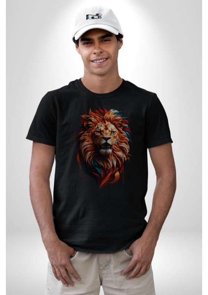 Renkli Kaplan Kükrüyor Kadın Erkek Unisex Siyah Organik Baskılı T-Shirt Penye Yüksek Kalite