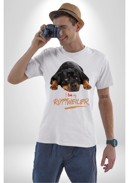 Rottweiler Sevgisi Kadın Erkek Unisex Beyaz Organik Baskılı T-Shirt Penye Yüksek Kalite indirimleri
