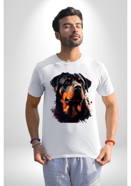 Sulu Boya Rottweiler Kadın Erkek Unisex Beyaz Organik Baskılı T-Shirt Penye Yüksek Kalite