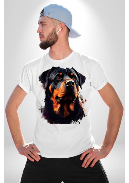Sulu Boya Rottweiler Kadın Erkek Unisex Beyaz Organik Baskılı T-Shirt Penye Yüksek Kalite fiyatları