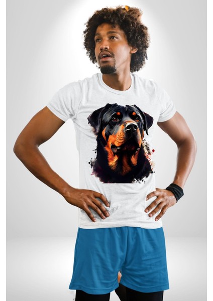 Sulu Boya Rottweiler Kadın Erkek Unisex Beyaz Organik Baskılı T-Shirt Penye Yüksek Kalite modelleri