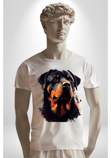 Sulu Boya Rottweiler Kadın Erkek Unisex Beyaz Organik Baskılı T-Shirt Penye Yüksek Kalite fırsatları