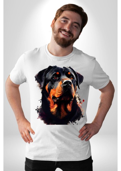 Sulu Boya Rottweiler Kadın Erkek Unisex Beyaz Organik Baskılı T-Shirt Penye Yüksek Kalite indirimleri