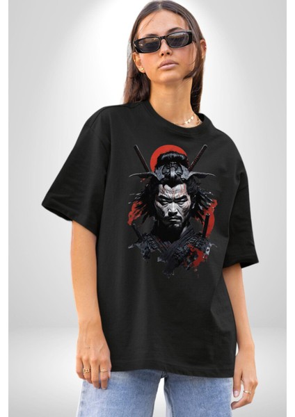 Asyalı Japon Samuray Savaşcı Pamuklu Bisiklet Yaka Kadın Erkek Oversize Boyfriend Dijital Baskılı Siyah T-Shirt modelleri