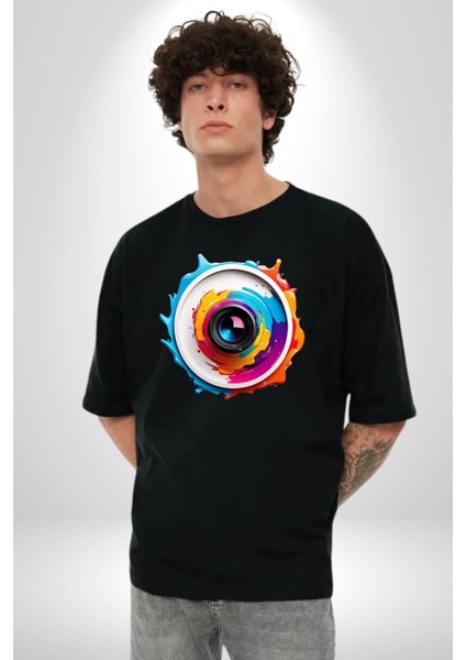 Fotoğraf Makinesi Camera Lens Pamuklu Bisiklet Yaka Kadın Erkek Oversize Boyfriend Dijital Baskılı Siyah T-Shirt