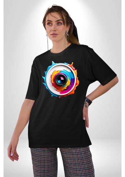 Fotoğraf Makinesi Camera Lens Pamuklu Bisiklet Yaka Kadın Erkek Oversize Boyfriend Dijital Baskılı Siyah T-Shirt modelleri