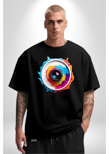 Fotoğraf Makinesi Camera Lens Pamuklu Bisiklet Yaka Kadın Erkek Oversize Boyfriend Dijital Baskılı Siyah T-Shirt fırsatları