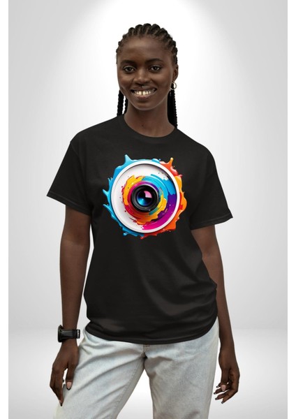 Fotoğraf Makinesi Camera Lens Pamuklu Bisiklet Yaka Kadın Erkek Oversize Boyfriend Dijital Baskılı Siyah T-Shirt indirimleri