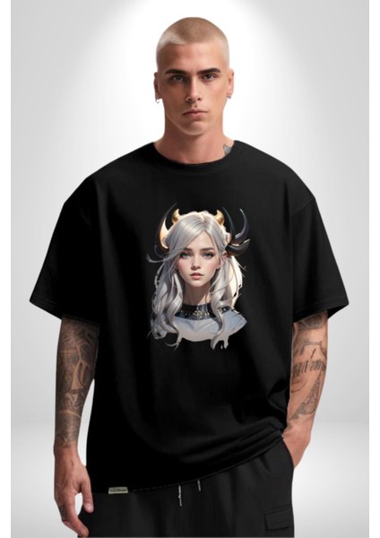 Koç Kadın Savaşcı Pamuklu Bisiklet Yaka Kadın Erkek Oversize Boyfriend Dijital Baskılı Siyah T-Shirt