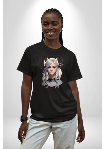 Koç Kadın Savaşcı Pamuklu Bisiklet Yaka Kadın Erkek Oversize Boyfriend Dijital Baskılı Siyah T-Shirt fiyatları