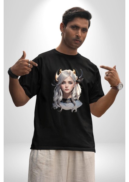 Koç Kadın Savaşcı Pamuklu Bisiklet Yaka Kadın Erkek Oversize Boyfriend Dijital Baskılı Siyah T-Shirt modelleri
